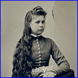 Antique Tintype Photograph Beautiful Young Woman Long Wavy Cascading Hair Odd