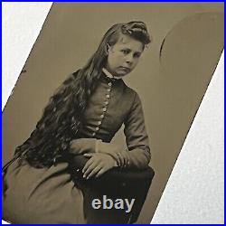 Antique Tintype Photograph Beautiful Young Woman Long Wavy Cascading Hair Odd