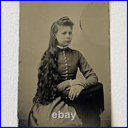 Antique Tintype Photograph Beautiful Young Woman Long Wavy Cascading Hair Odd