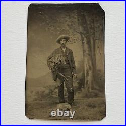 Antique Tintype Photograph Charming Mature Man Farmer Studio Props Hat Dog Tool