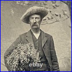 Antique Tintype Photograph Charming Mature Man Farmer Studio Props Hat Dog Tool