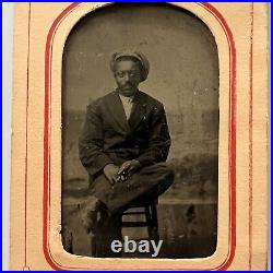 Antique Tintype Photograph Handsome African American Black Man Mustache Cap