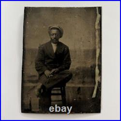 Antique Tintype Photograph Handsome African American Black Man Mustache Cap