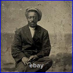 Antique Tintype Photograph Handsome African American Black Man Mustache Cap