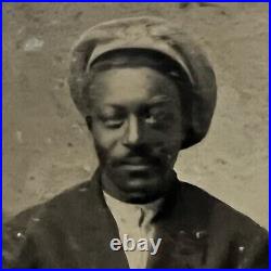 Antique Tintype Photograph Handsome African American Black Man Mustache Cap