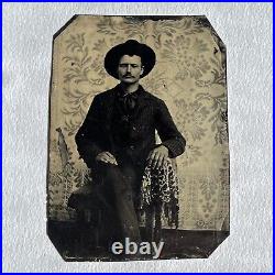 Antique Tintype Photograph Handsome Man Mustache Cowboy Hat Floral Backdrop