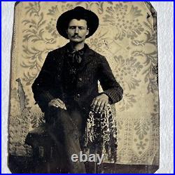 Antique Tintype Photograph Handsome Man Mustache Cowboy Hat Floral Backdrop