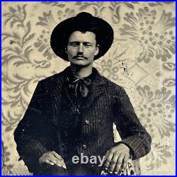Antique Tintype Photograph Handsome Man Mustache Cowboy Hat Floral Backdrop