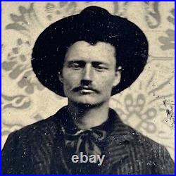 Antique Tintype Photograph Handsome Man Mustache Cowboy Hat Floral Backdrop