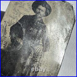 Antique Tintype Photograph Handsome Man Mustache Cowboy Hat Floral Backdrop
