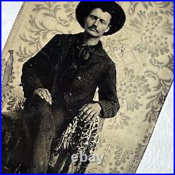 Antique Tintype Photograph Handsome Man Mustache Cowboy Hat Floral Backdrop