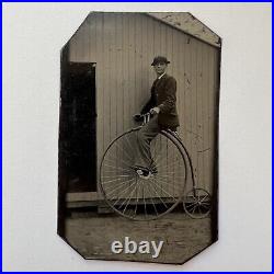 Antique Tintype Photograph Handsome Young Man Riding Penny Farthing Bike Bicycle