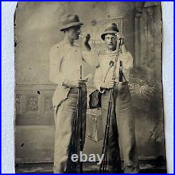 Antique Tintype Photograph Handsome Young Men Fishing Poles Creel Basket