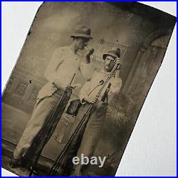 Antique Tintype Photograph Handsome Young Men Fishing Poles Creel Basket