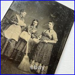 Antique Tintype Photograph Lovely Women Occupational Housekeepers Broom Pan