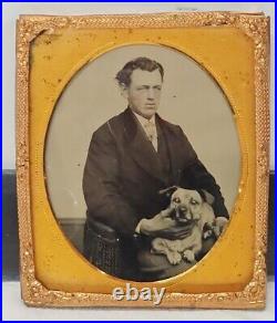 Antique Tintype Studio Photographic Image Well-Dressed Young Man with Pet Dog gp