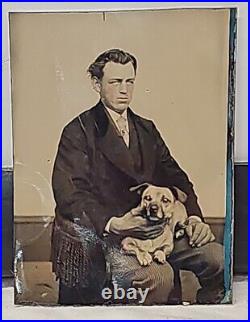 Antique Tintype Studio Photographic Image Well-Dressed Young Man with Pet Dog gp