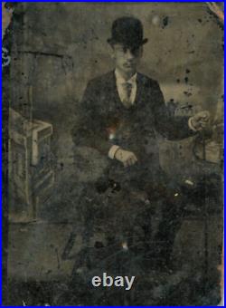 Antique Tintype photograph 1800s Man Chinese Walking Stick Hat Glasses Cane