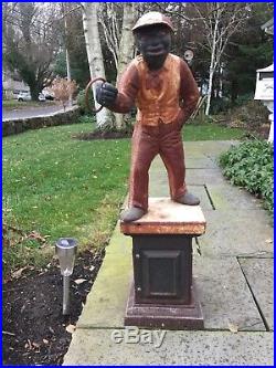 Antique Vintage Cast Iron Lawn Jockey Jocko Black Americana Art Statue withbase