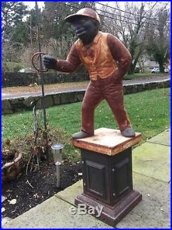 Antique Vintage Cast Iron Lawn Jockey Jocko Black Americana Art Statue withbase