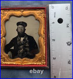 Antique Vintage Daguerreotype PHOTO Man Leather Hat Beard Wheel Cap 1/6