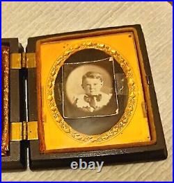 Antique circa 1850 daguerreotype young dapper boy full Union case withpaper