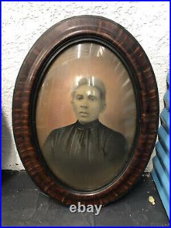 Antique portrait African American Woman framed in convex Glass Hand Colored