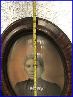 Antique portrait African American Woman framed in convex Glass Hand Colored