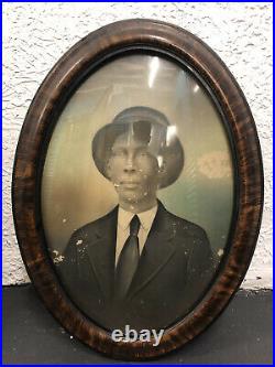 Antique portrait African American man framed in convex Glass Suit And Hat