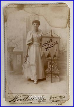 Banner Lady Holding BLOCK OF ICE Ottumwa Iowa Curran & Rogers Cabinet Card Photo