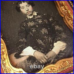 Beautiful Thin Young Woman Floral Dress Color Cheeks Antique Daguerreotype PHOTO