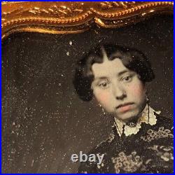 Beautiful Thin Young Woman Floral Dress Color Cheeks Antique Daguerreotype PHOTO