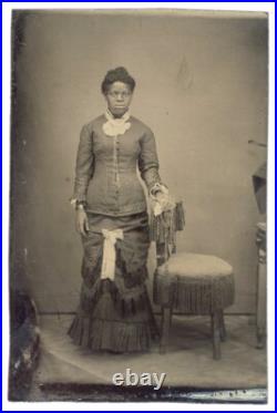 Black African American Woman In Ruffles Pleats Fringe Tiered Dress Tintype Photo