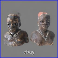 Black Americana African Ceramic Bust Female & Male Statuette 3,5 Tall Folk Art