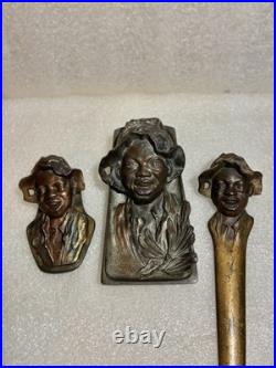 Black Americana Bronze Smiling Boy w Floppy Hat Antique 3 Piece Desk Set