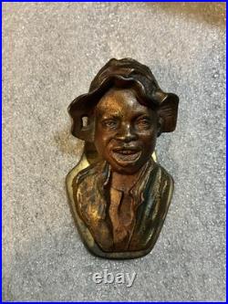 Black Americana Bronze Smiling Boy w Floppy Hat Antique 3 Piece Desk Set