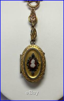 Black Americana Hardstone Cameo Locket Heart Necklace Antique Book Chain c1860