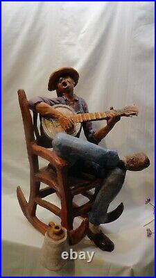 Black Americana Musician Singing Banjo Player Chair Whiskey SCULPTURE STATUE