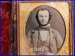 C. 1850's 1/6th Plate Daguerreotype. Handsome Young Man Wearing Scarf, Pin