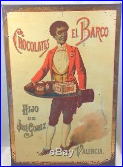 CHOCOLATES EL BARCO RARE LARGE CANDY TIN SPAIN c1905 BLACK AMERICANA