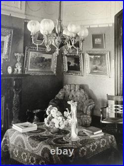 Cabinet Card Photo Victorian Home Living Room Interior Paintings Chandelier Art