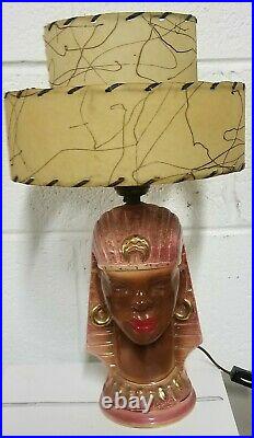 EGYPTIAN Mid Century BLACK AMERICANA Pottery LAMP 2 Tier FIBERGLASS Shade RETRO