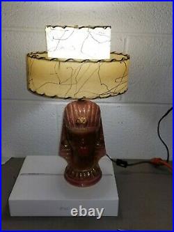 EGYPTIAN Mid Century BLACK AMERICANA Pottery LAMP 2 Tier FIBERGLASS Shade RETRO