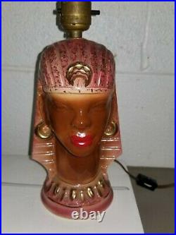 EGYPTIAN Mid Century BLACK AMERICANA Pottery LAMP 2 Tier FIBERGLASS Shade RETRO