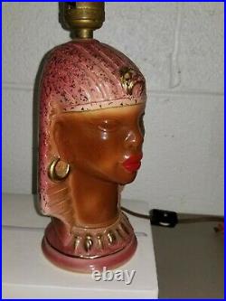 EGYPTIAN Mid Century BLACK AMERICANA Pottery LAMP 2 Tier FIBERGLASS Shade RETRO