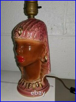 EGYPTIAN Mid Century BLACK AMERICANA Pottery LAMP 2 Tier FIBERGLASS Shade RETRO