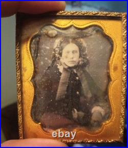 Early Daguerreotype Young Lady Bonnet Ribbon Collar Antique c. 1840 2x3 Prescott