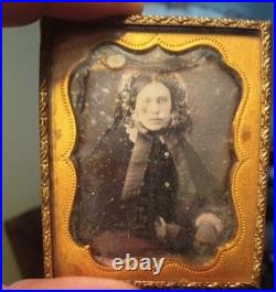 Early Daguerreotype Young Lady Bonnet Ribbon Collar Antique c. 1840 2x3 Prescott