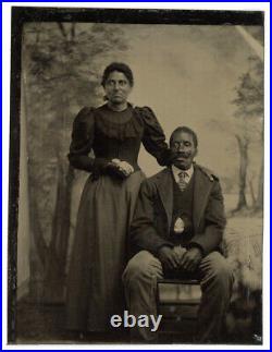 Excellent African American Black Couple With Painted Trees Tintype Photo