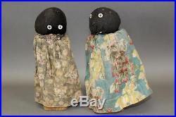 Folk Art Matched Pair Of Antique Black Cloth Dolls Wood Plank Body Button Eyes